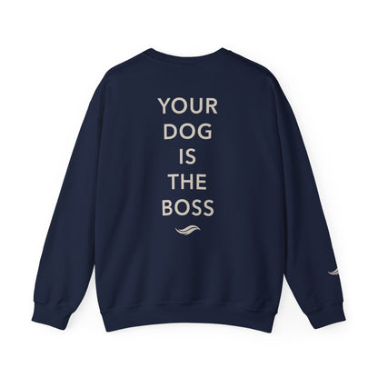 Back view, Navy: 'Your dog is the boss' tagline