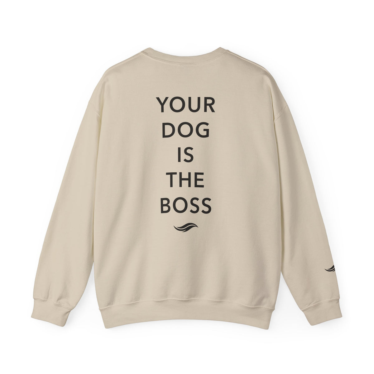 Back view, Sand: 'Your dog is the boss' tagline