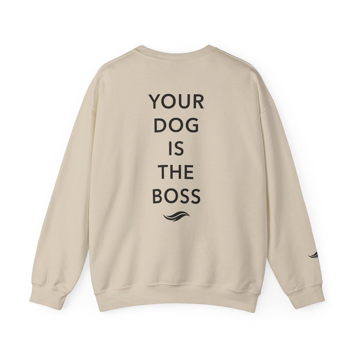 Back view, Sand: 'Your dog is the boss' tagline