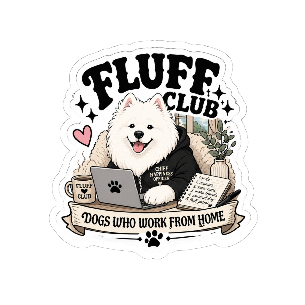 Work From Home Samoyed Sticker — Cute WFH Dog Kiss-Cut
