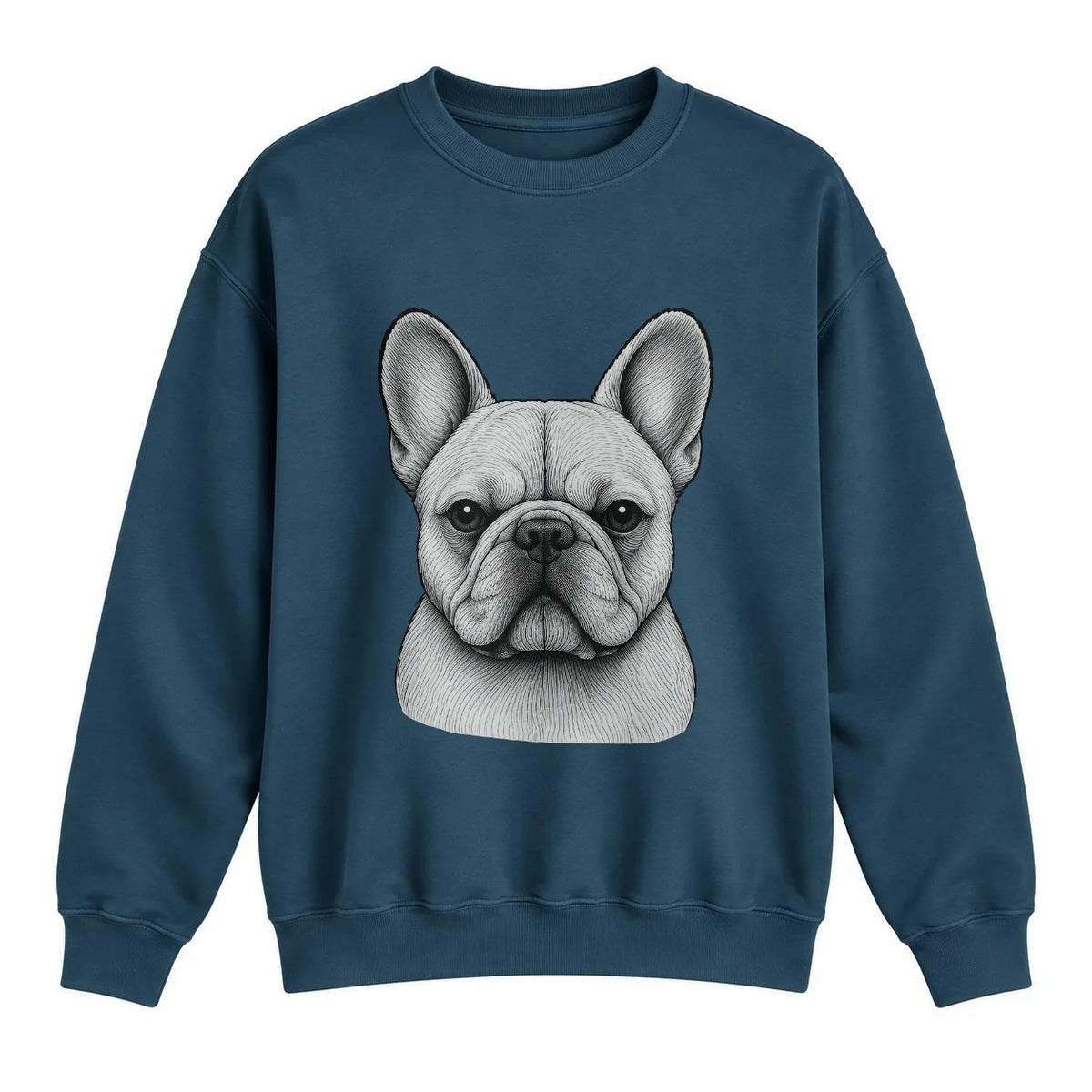 French Bulldog portrait crewneck, Washed Navy, front