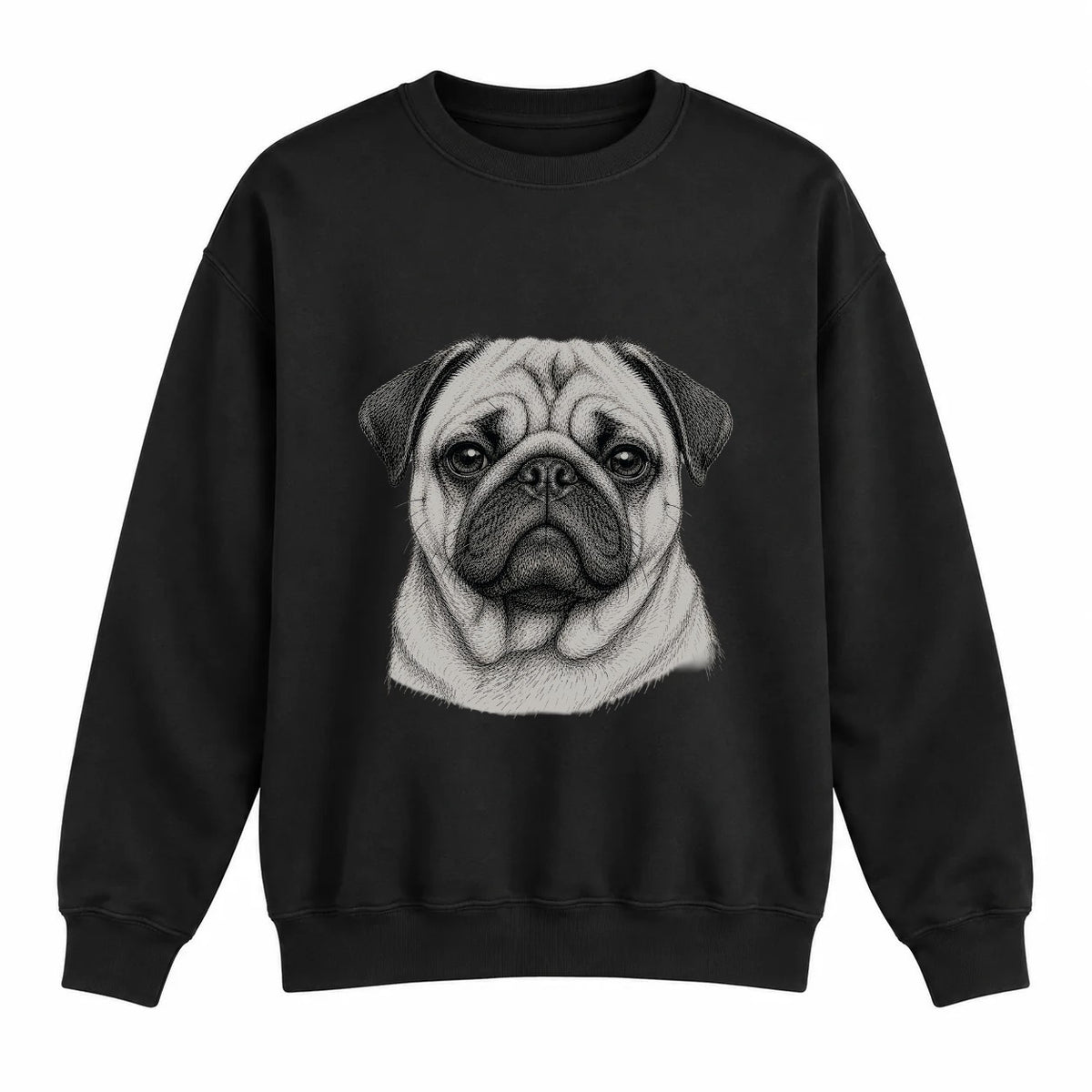 Pug portrait crewneck, Black Ink, front