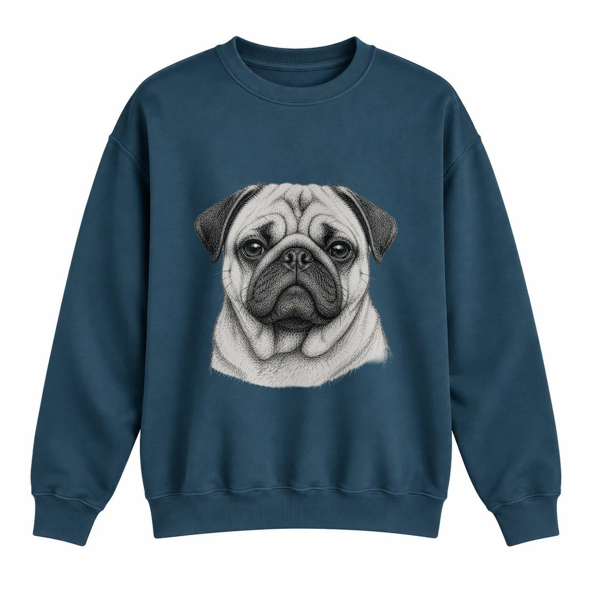 Pug portrait crewneck, Washed Navy, front